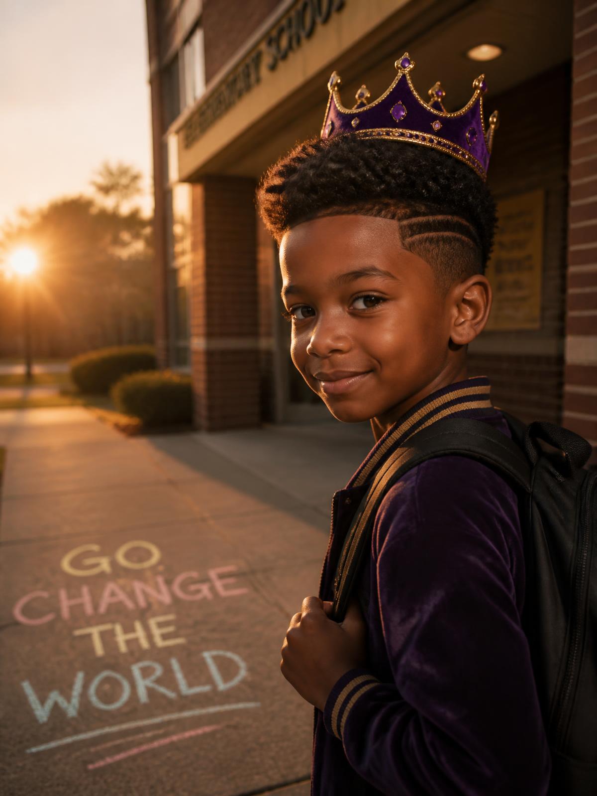 A Black child with a fresh natural haircut and a royal purple velvet crown, standing at school with 'Go Change The World' in chalk on the sidewalk