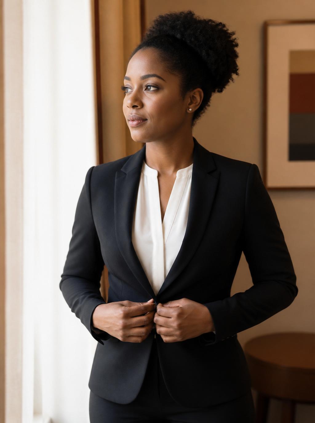 A Black woman in a tailored business suit adjusting her blazer in warm morning light — getting ready for an interview
